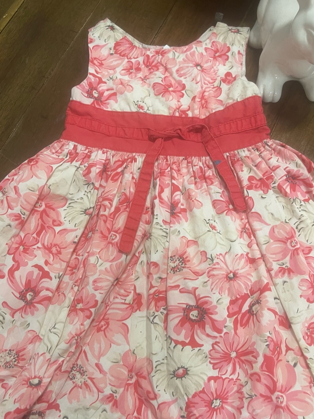 Polly & friends Girls Floral Pink Cotton Dress with Coral Waist Tie